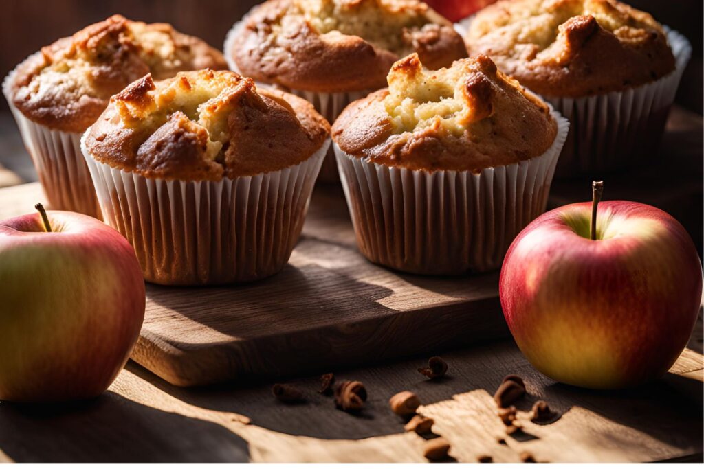 a group of muffins on a wood board next to apples