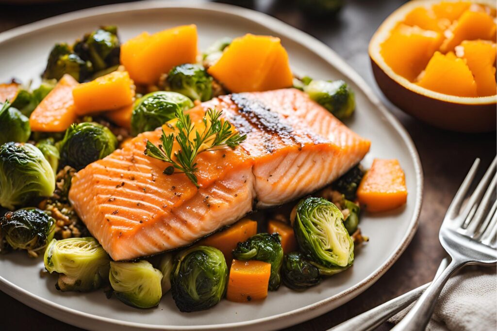 a plate of food with a piece of fish and vegetables