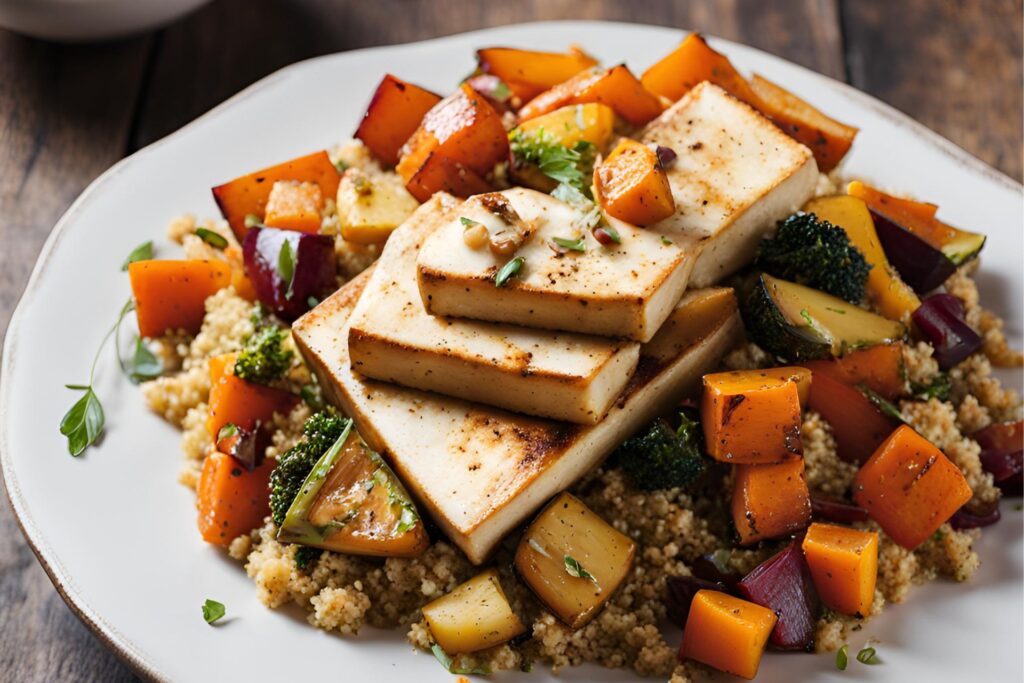 a plate of food on a wood surface